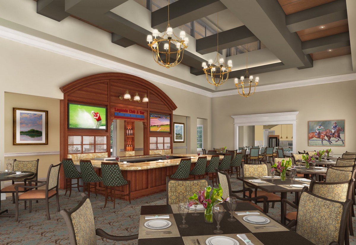 A spacious restaurant interior featuring an elegantly designed dining area with tables and chairs, a bar area, and decorative chandeliers.