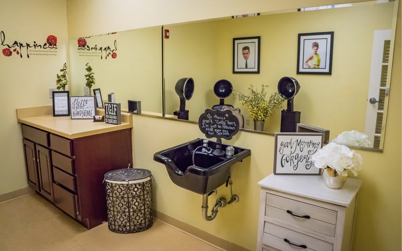 A well-decorated salon interior with a sink and mirrors.