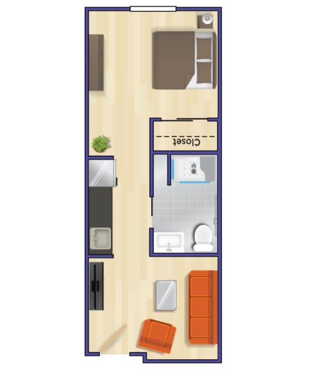 A floor plan layout of a compact studio apartment.