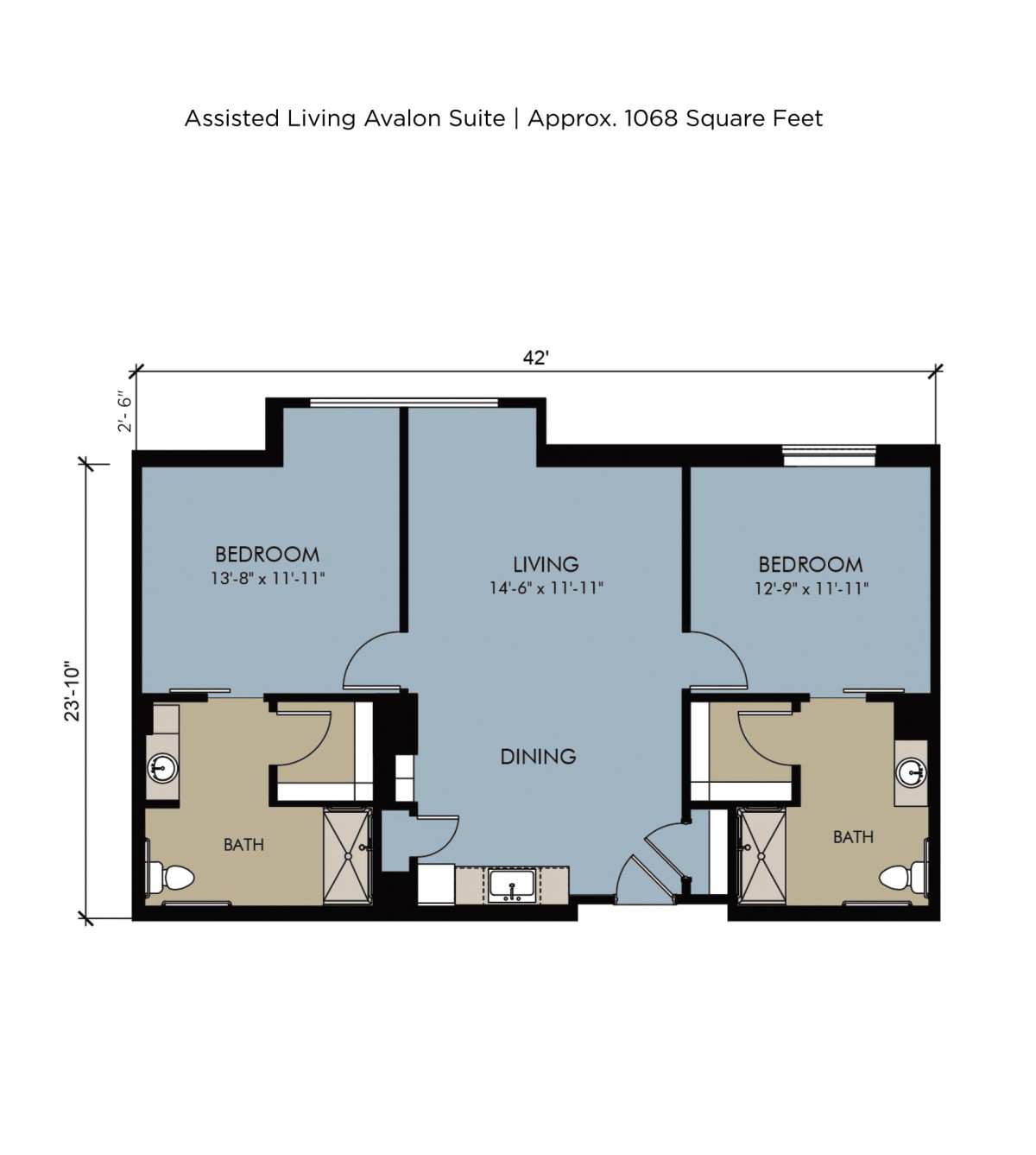 This image depicts a floor plan for an apartment with two bedrooms, a living room, kitchen, and bathrooms, covering 1000 square feet.