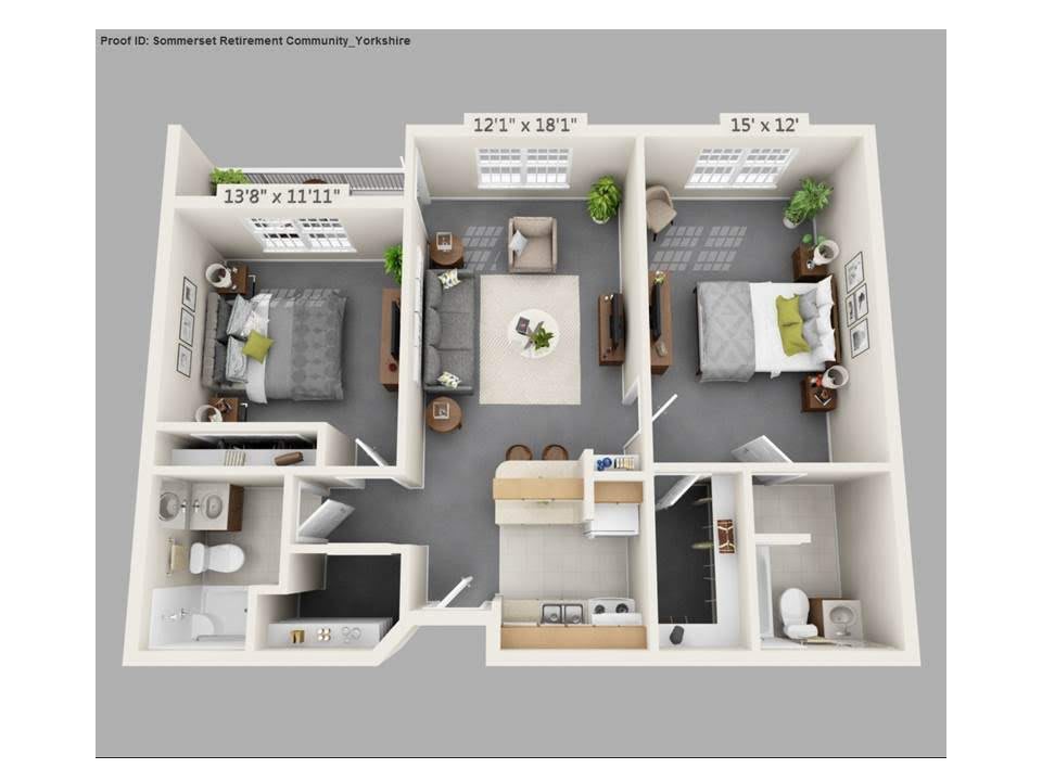A 3D floor plan of a two-bedroom apartment with a central living area and kitchen.
