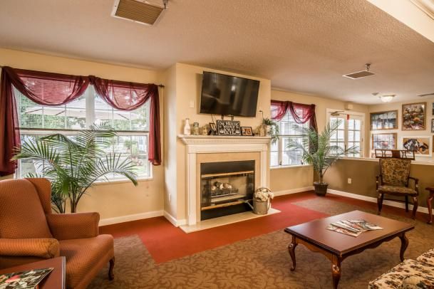 A cozy living room with a fireplace and a mounted television, featuring large windows with red curtains and indoor plants.