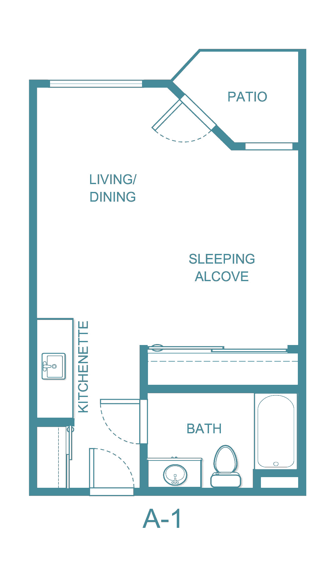 Studio apartment floor plan with living/dining area, sleeping alcove, kitchenette, and bathroom.