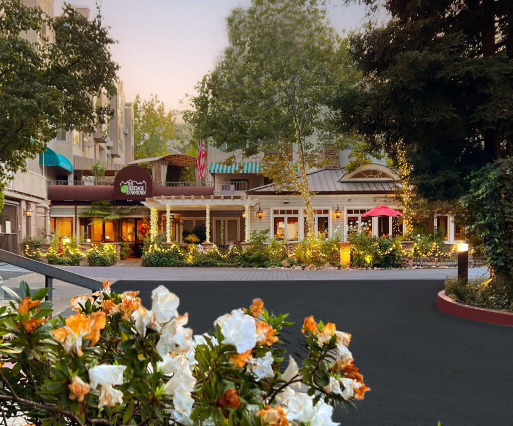 A charming restaurant with colorful flowers and trees during the evening.