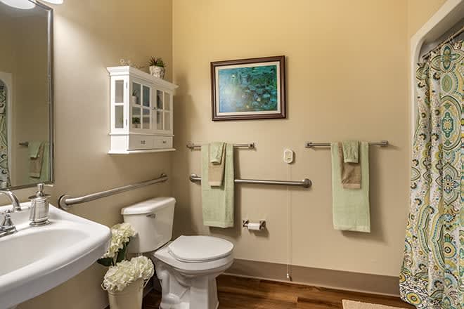 A well-organized bathroom featuring a toilet, sink, wall cabinet, and grab bars.