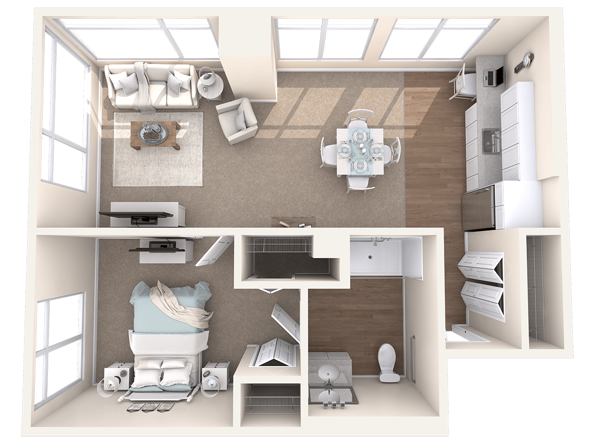 A modern one-bedroom apartment floor plan with a living room, kitchen, and bathroom.