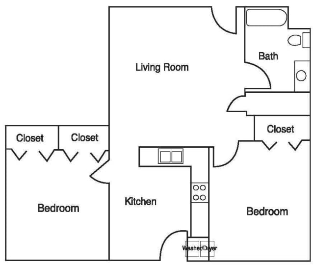 This image depicts a floor plan layout of an apartment with labeled rooms such as the living room, kitchen, bedrooms, and bathroom.