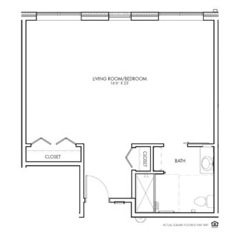 A floor plan of a studio apartment showing the layout and room dimensions.