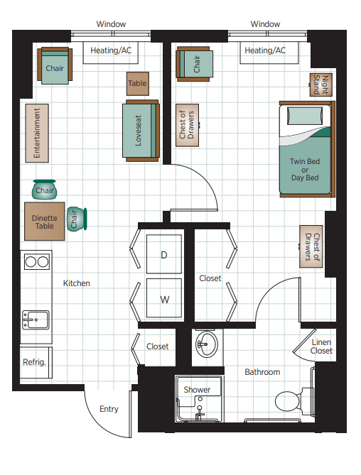 A floor plan of a two-bedroom apartment, including a kitchen, living room, bathroom, and multiple closets.