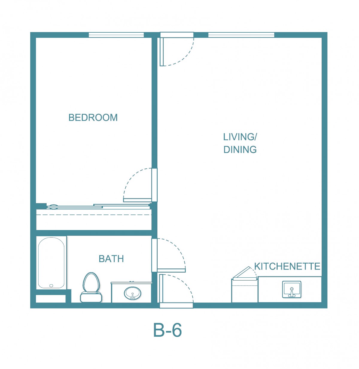 Floor plan of a one-bedroom apartment with living/dining area, kitchenette, and bathroom.