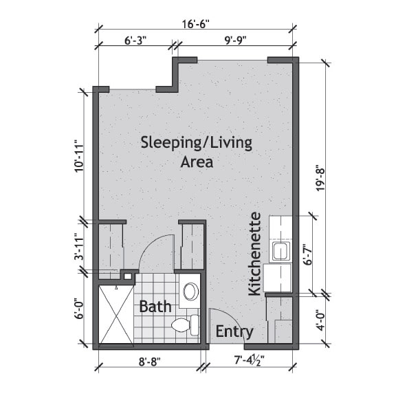 A floor plan of a studio apartment featuring a sleeping/living area, bathroom, and kitchenette.