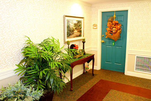 A cozy hallway featuring a decorative table, vibrant plant, and an inviting teal door.