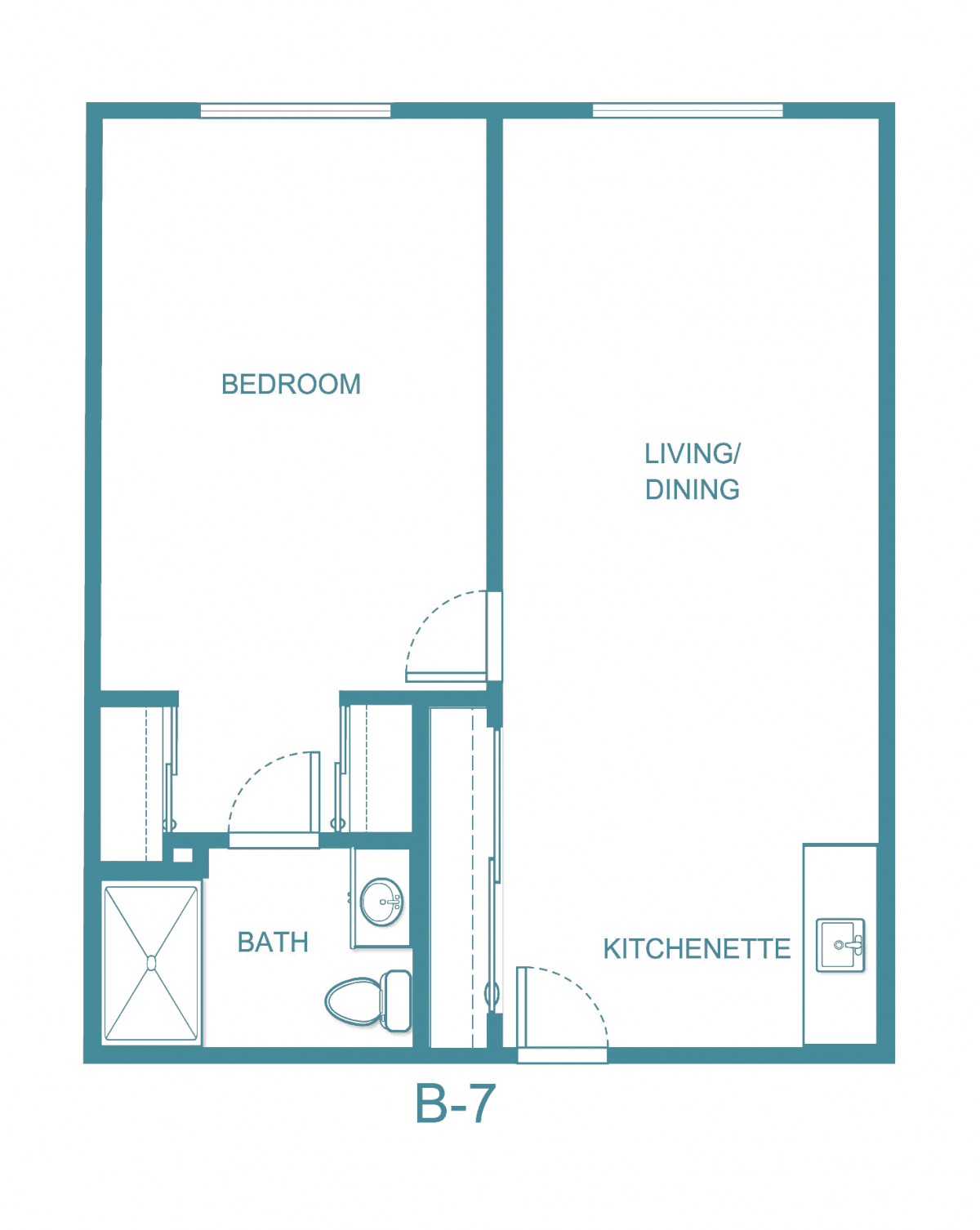 A floor plan featuring a one-bedroom apartment with a kitchenette, living/dining area, and bathroom.