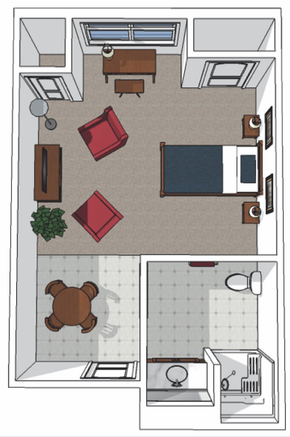 A floor plan showing a bedroom with adjacent living and bathroom areas.