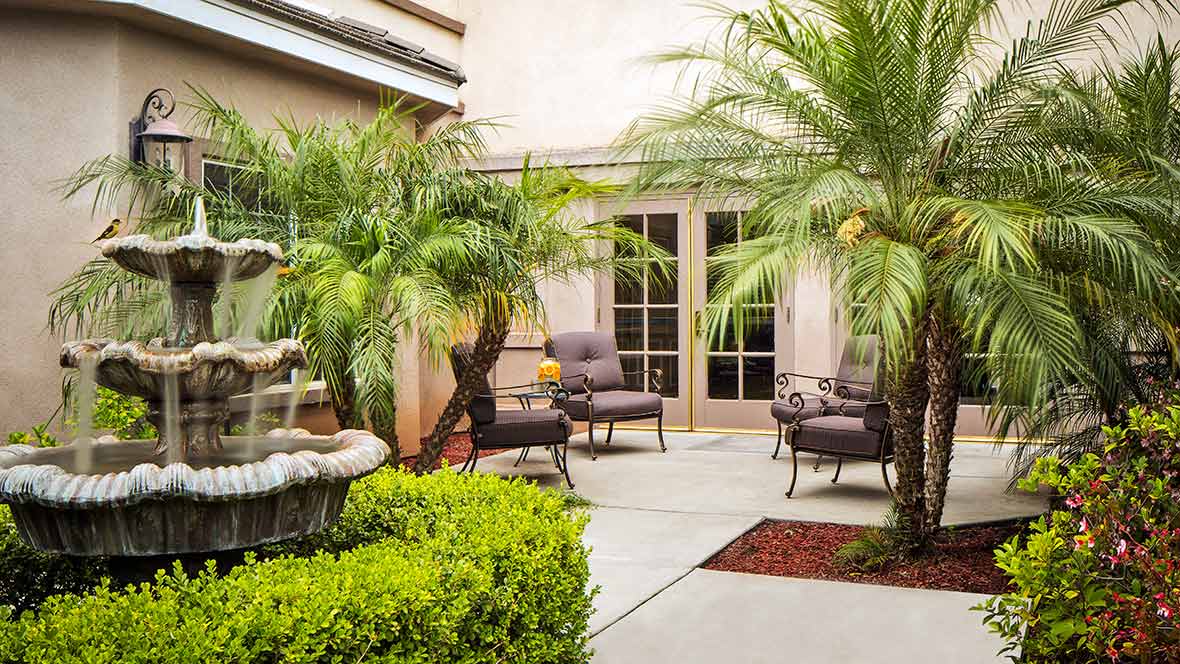 A tranquil courtyard with comfortable seating surrounded by lush greenery and palm trees.