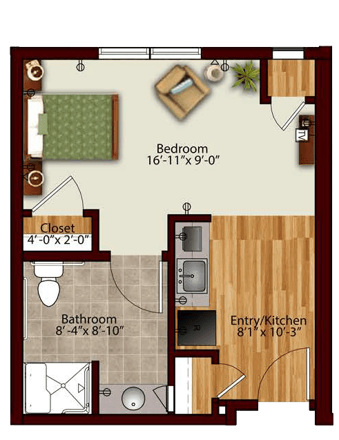 This image shows a detailed floor plan of a small apartment, including a bedroom, kitchen, and bathroom.