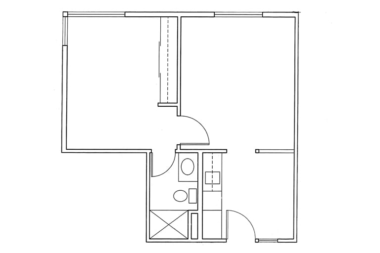 A simple architectural floor plan of an apartment unit, featuring a living space, bathroom, and closet.