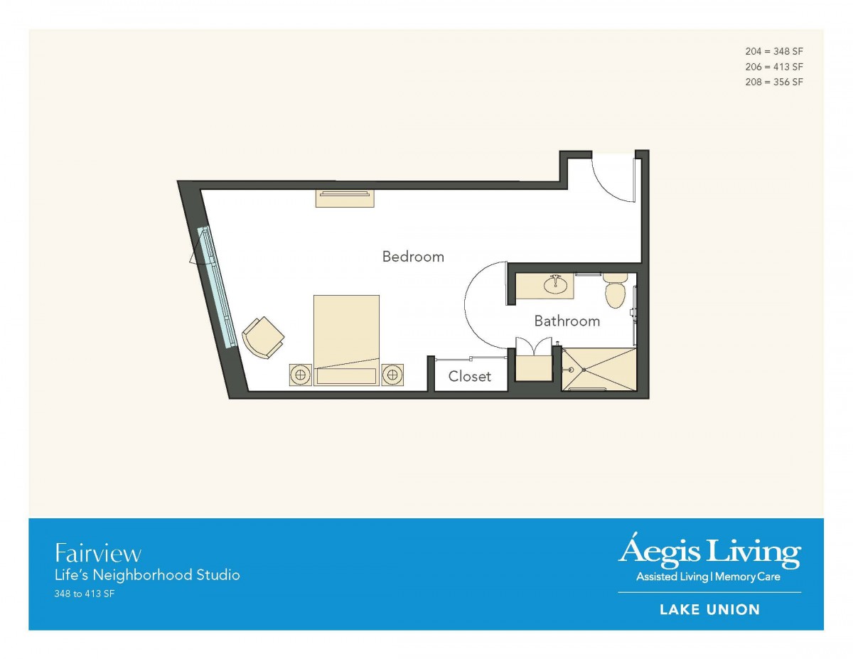A floor plan of a studio apartment with a bedroom, bathroom, and closet.