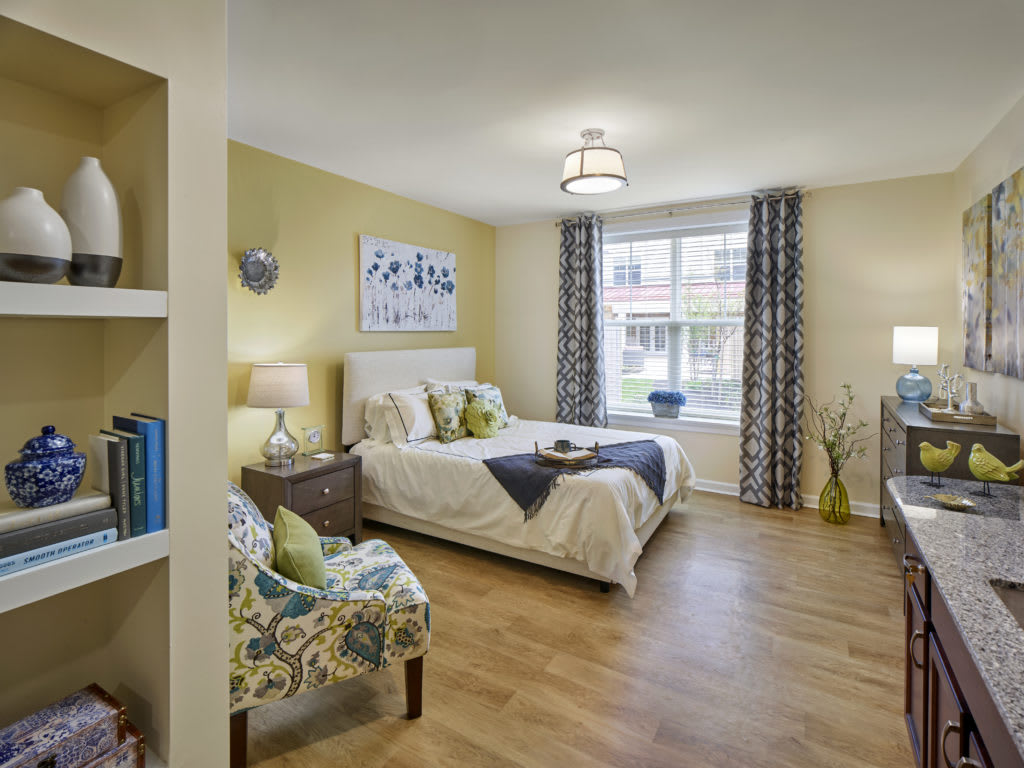 A modern and cozy bedroom with stylish decor.