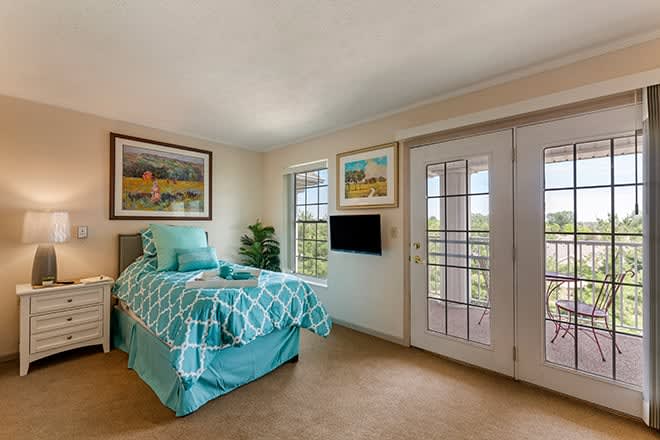 A cozy bedroom featuring a turquoise themed single bed, adorned with wall art and bright windows leading to a balcony through French doors.