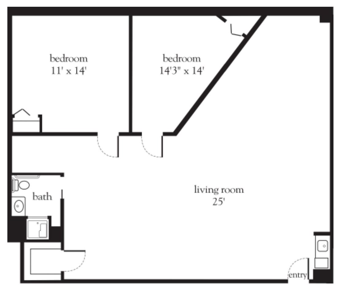 A floor plan of an apartment featuring two bedrooms, a living room, a kitchen, and a bathroom.