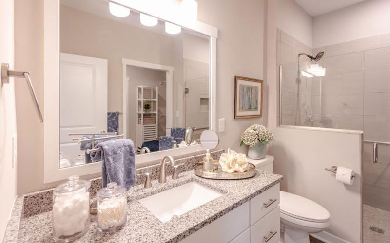 A well-decorated bathroom with a granite countertop and mirror.