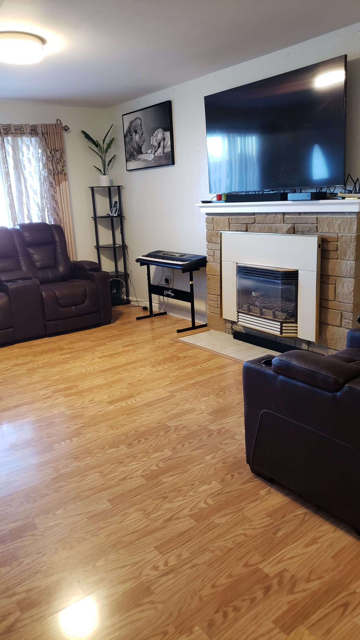 A modern living room featuring a sofa, fireplace, and TV with wood flooring.