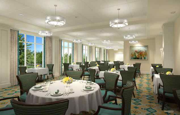 An elegant dining room with neatly arranged tables and chairs, large windows, and decorative lighting.