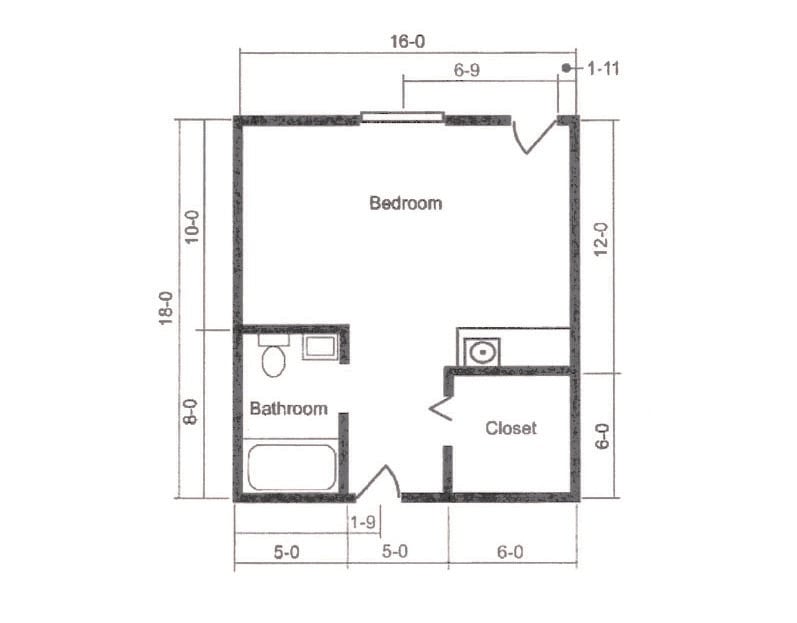 A detailed floor plan showing the dimensions and layout of a bedroom, bathroom, and closet.