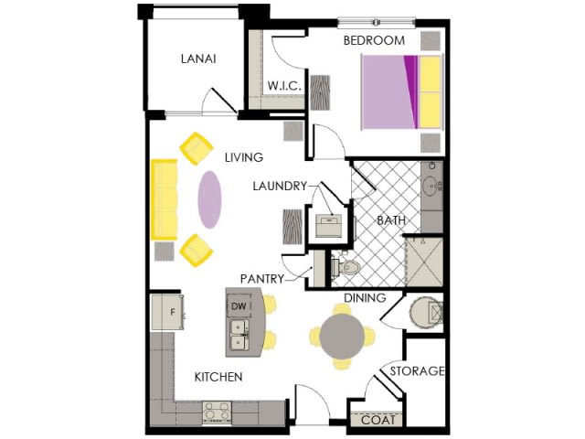 A floor plan showing a one-bedroom apartment layout with a kitchen, living room, bathroom, and dining area.