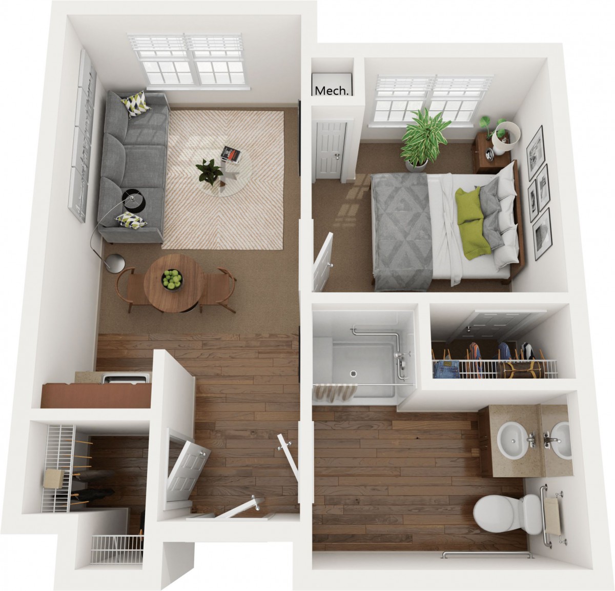 A modern one-bedroom apartment floor plan featuring a living room, kitchen, bedroom, and bathroom.