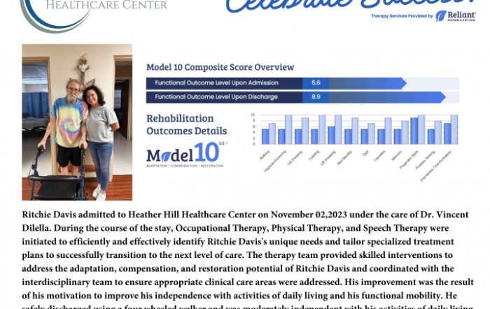 Rehabilitation outcomes and score overview at Heather Hill Healthcare Center.