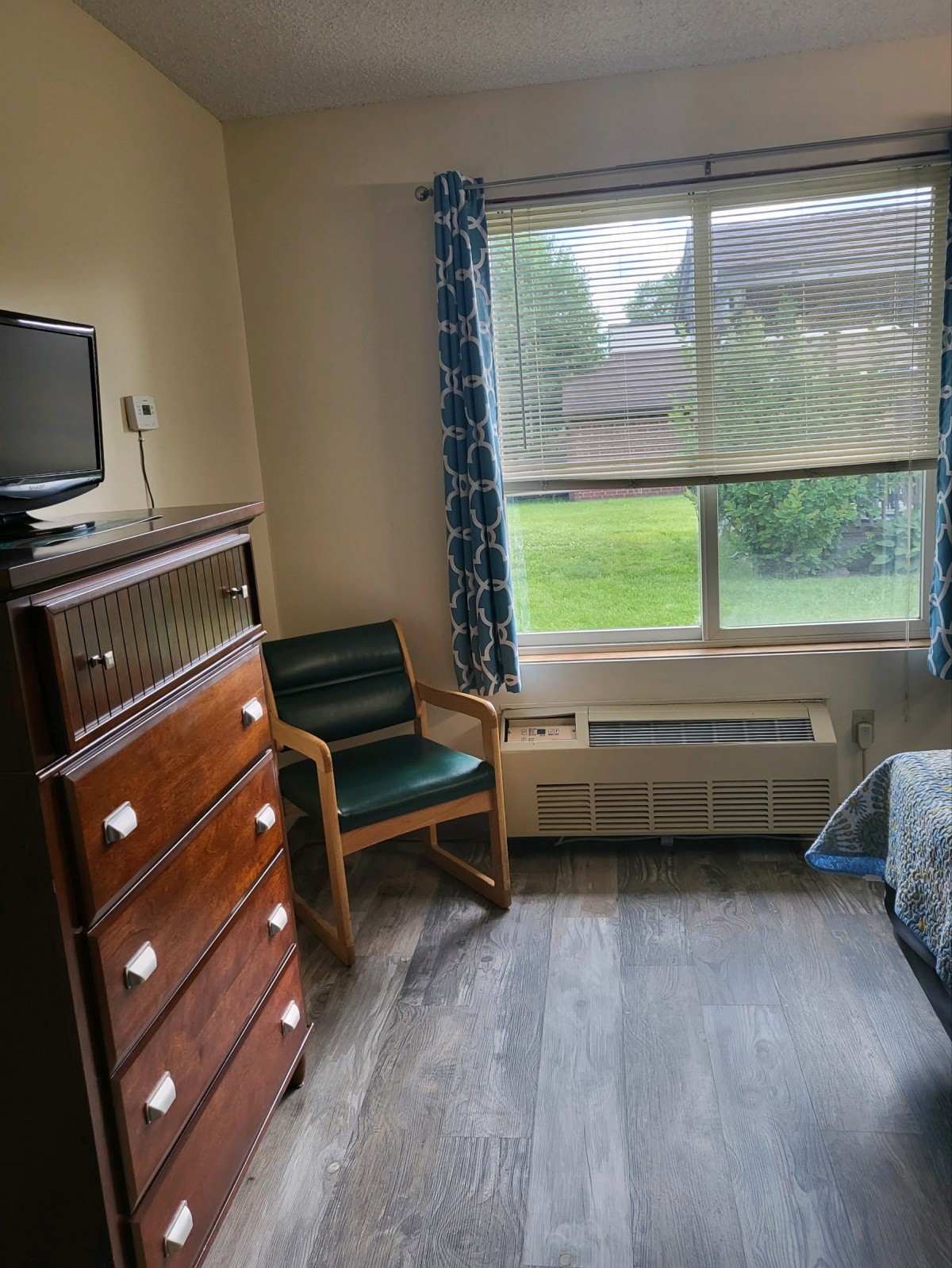A cozy bedroom with a dresser, chair, and television next to a large window overlooking greenery.