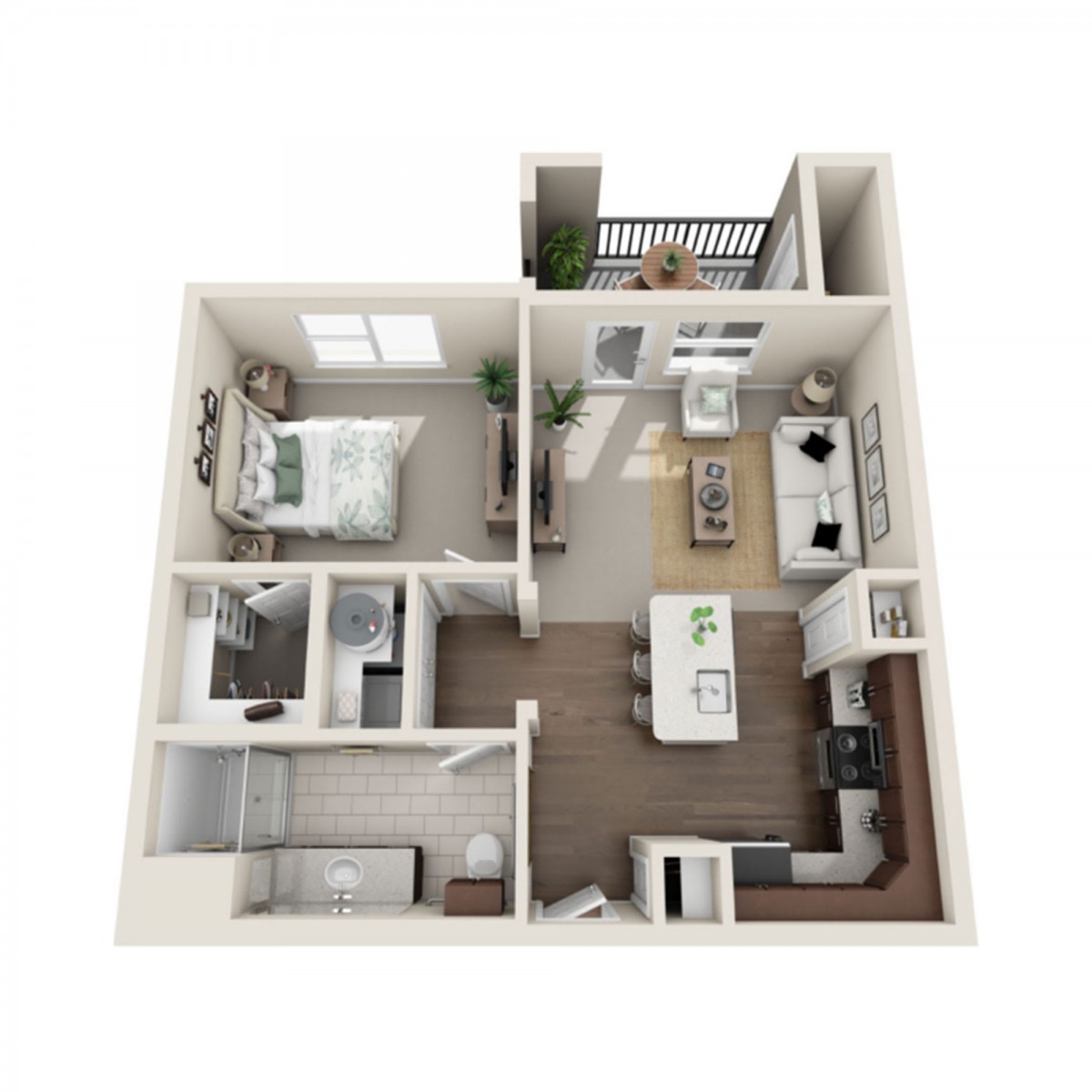 3D rendered floor plan of a one-bedroom apartment, featuring an open kitchen and living area.