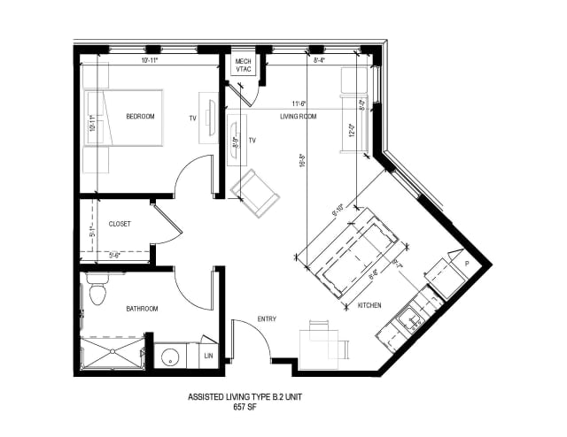 A detailed floor plan of an apartment showing the layout of rooms and furniture placement.