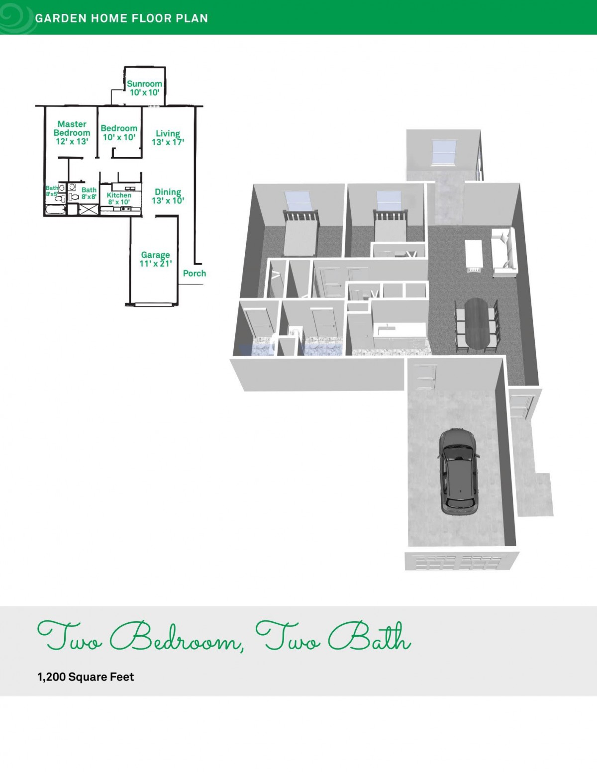 A detailed 3D floor plan of a two-bedroom, two-bathroom apartment with an attached garage.