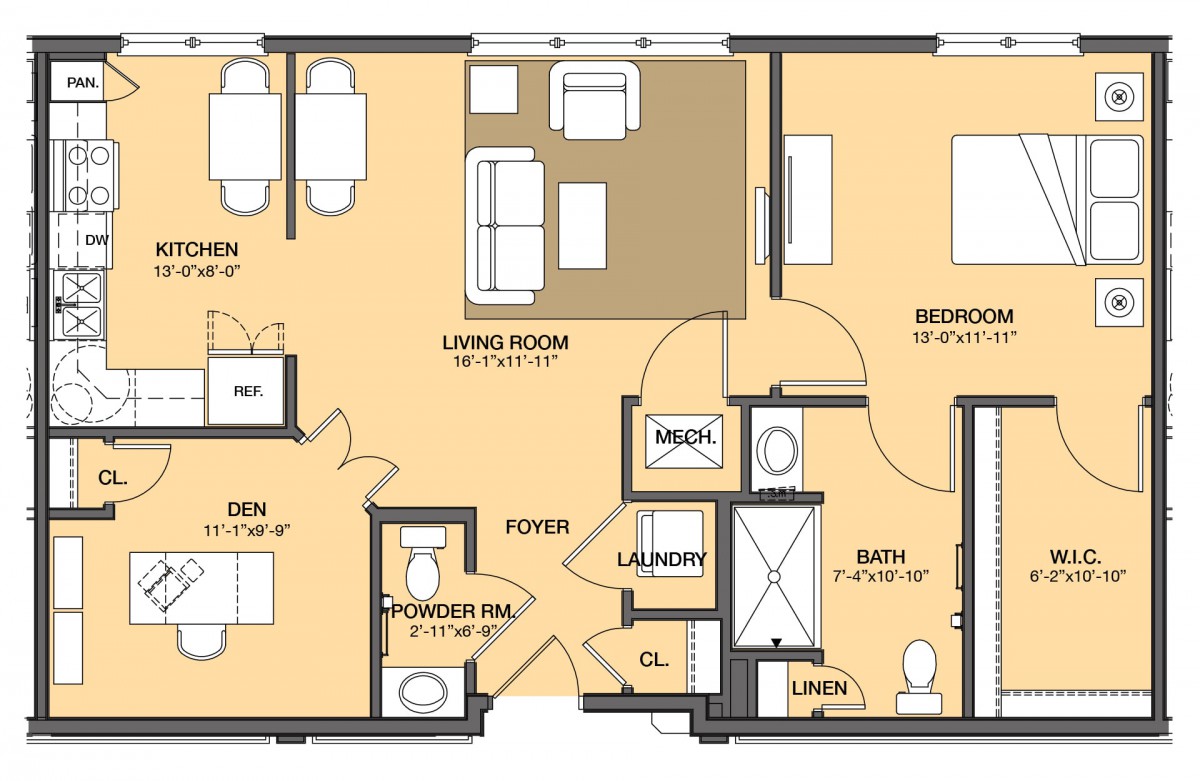 A detailed floor plan of a two-bedroom apartment with designated areas for living room, kitchen, and bathrooms.