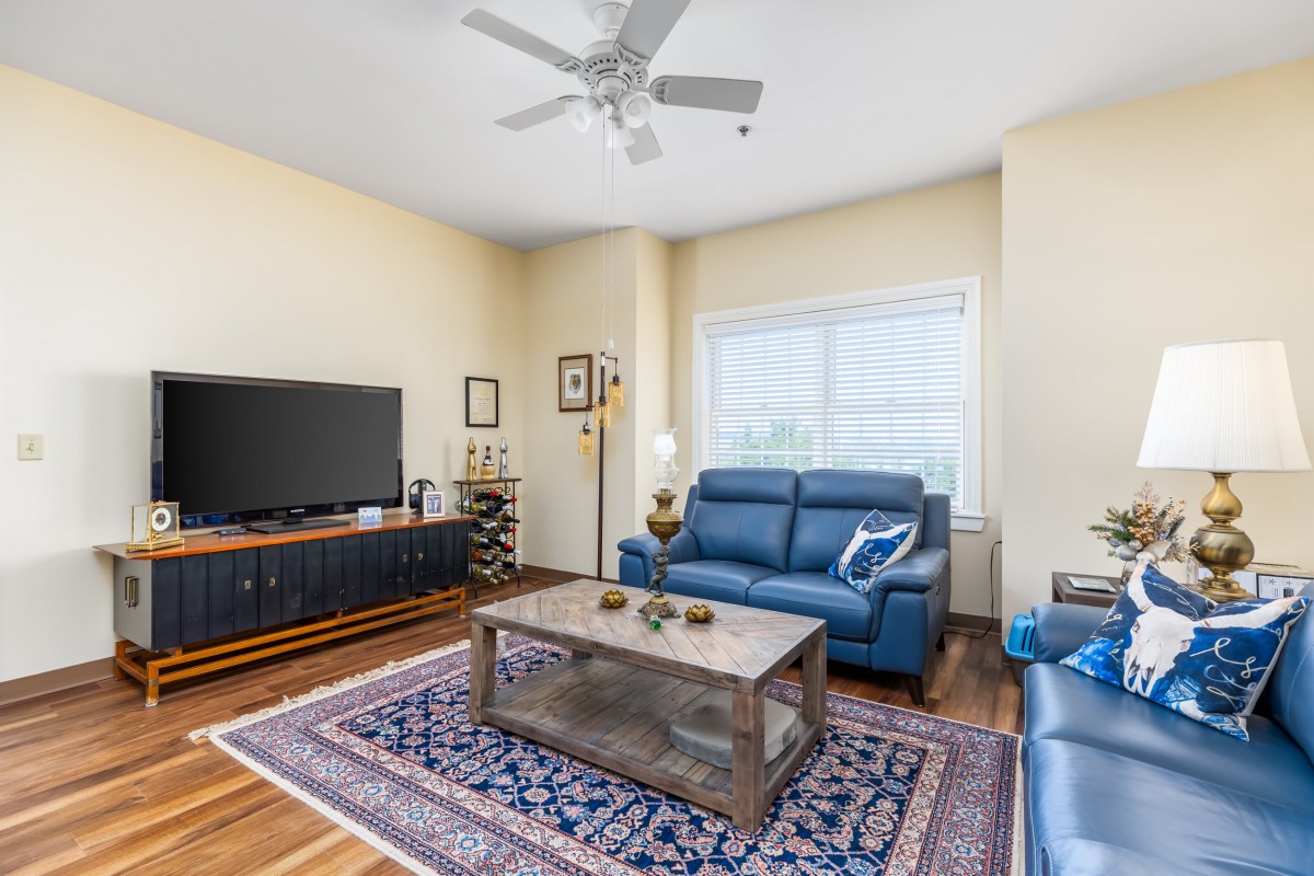 A cozy living room with blue sofas, a wooden coffee table, and a patterned rug on a wooden floor.