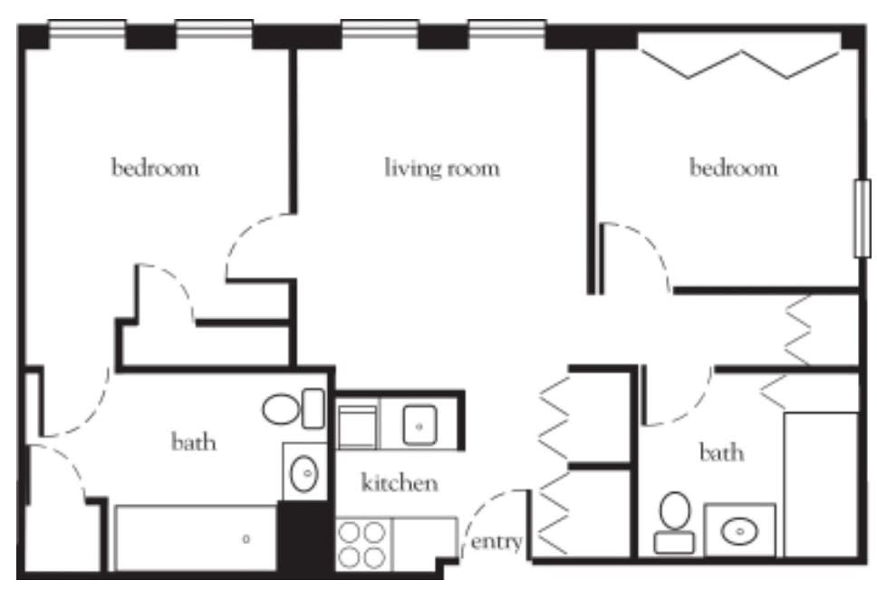 A floor plan of an apartment showing the layout with a living room, kitchen, bathroom, and bedrooms.