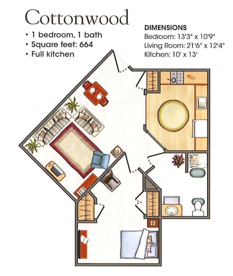 Cottonwood apartment floor plan featuring a one-bedroom and one-bathroom layout.