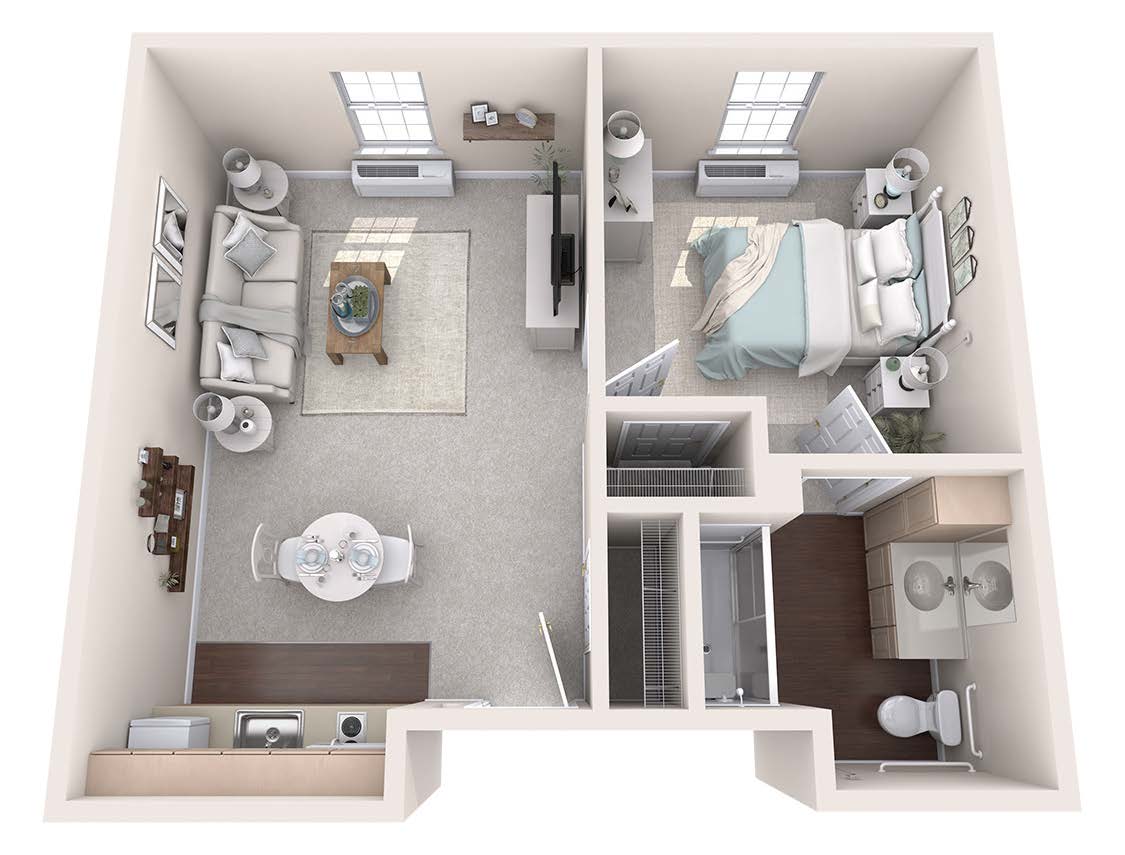 A 3D floor plan of a one-bedroom apartment featuring a living room, kitchen, bedroom, and bathroom.