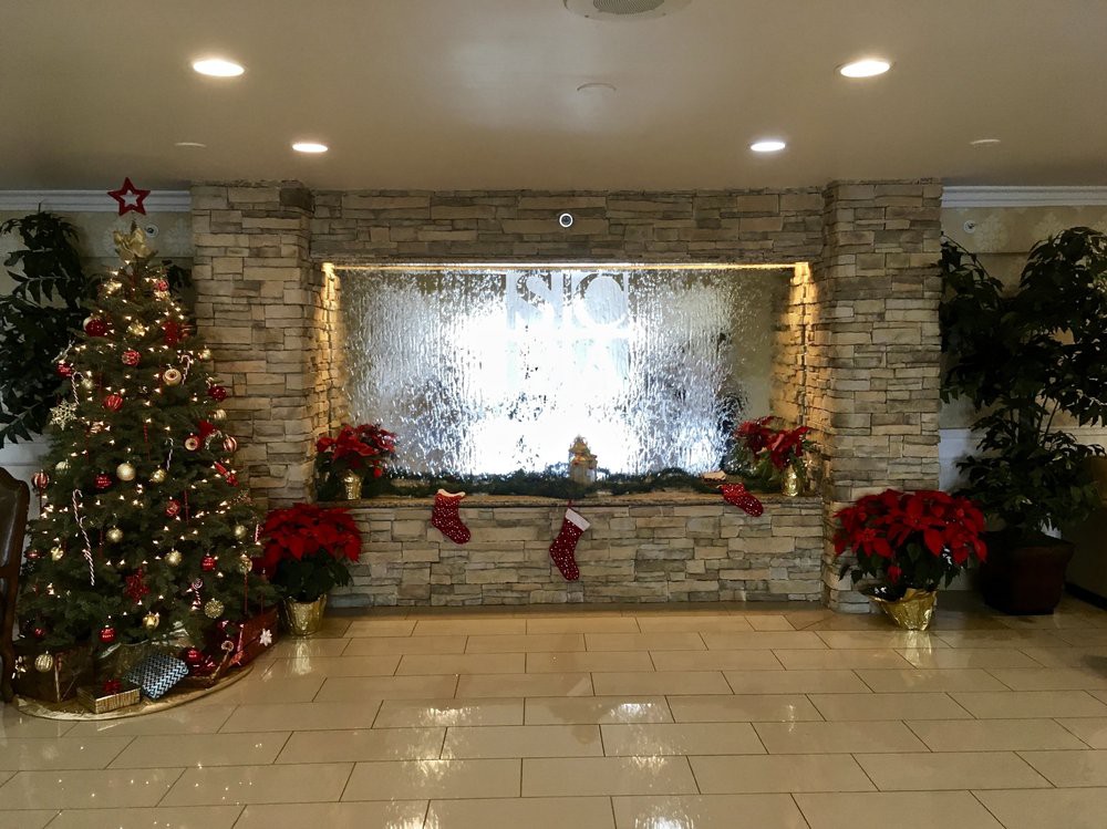 Festive indoor Christmas decorations with a tree, poinsettias, and stockings.