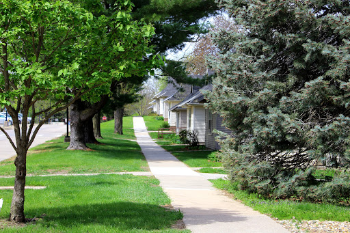 A peaceful neighborhood path lined with trees and well-manicured grass.