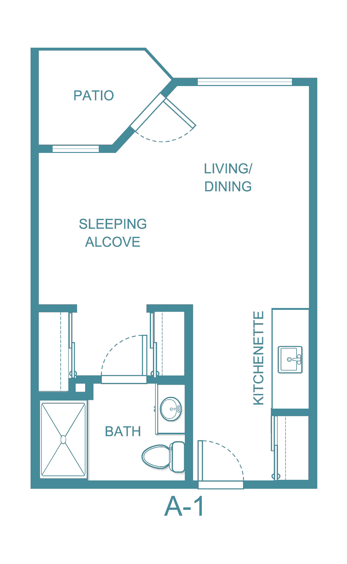 A floor plan of a studio apartment featuring a living/dining area, sleeping alcove, kitchenette, and bathroom.