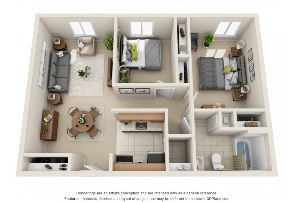 A 3D floor plan of an apartment featuring a living room, dining area, two bedrooms, a kitchen, and a bathroom.