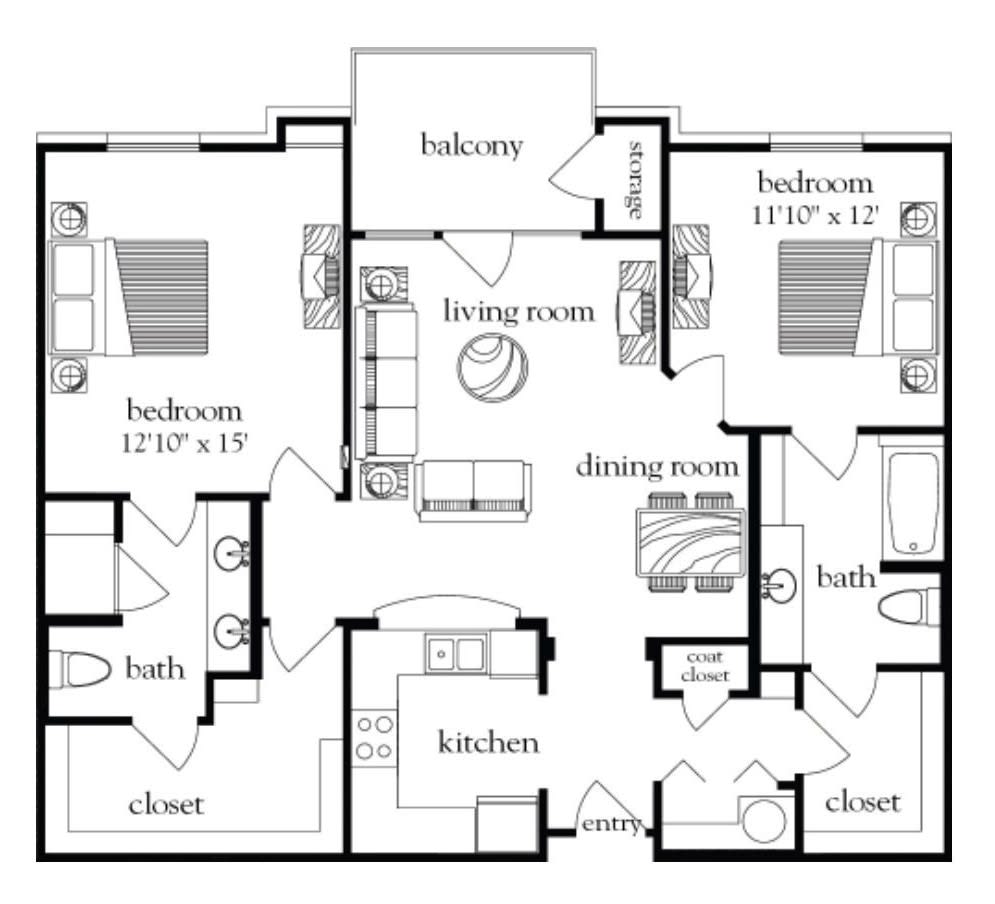 A detailed floor plan of a multi-room apartment including bedrooms, bathrooms, a kitchen, and living areas.