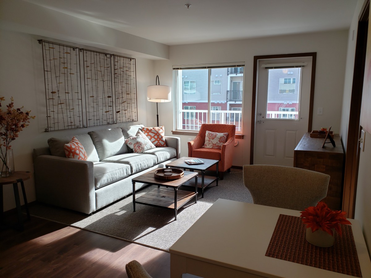 A cozy living room filled with natural light, featuring a sofa and armchair around a coffee table.