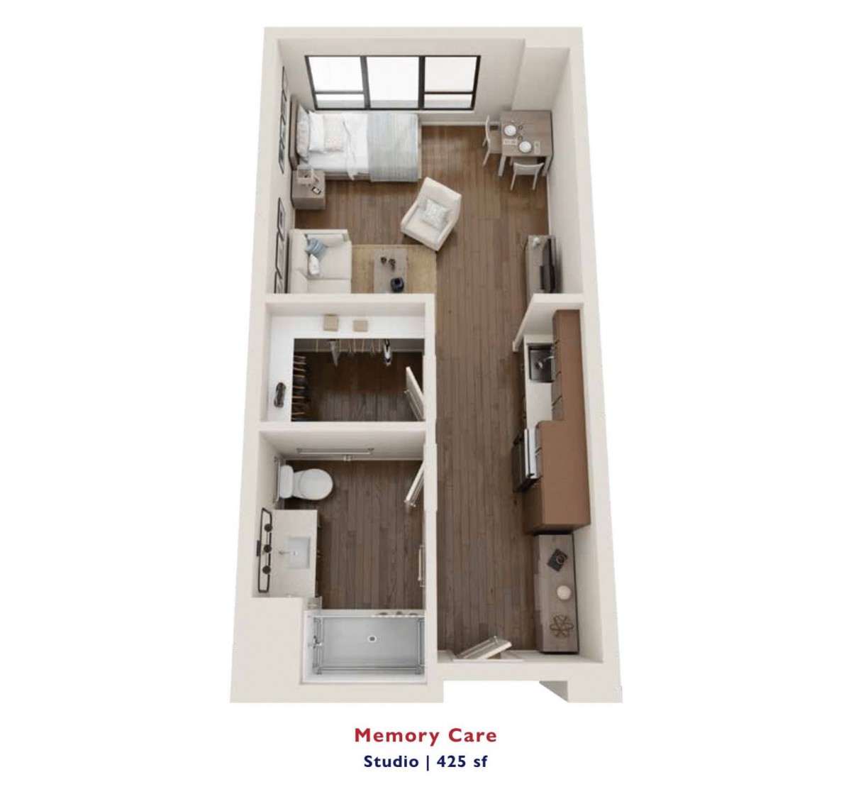 3D rendered floor plan of a Memory Care studio apartment, featuring an open living area and kitchen.