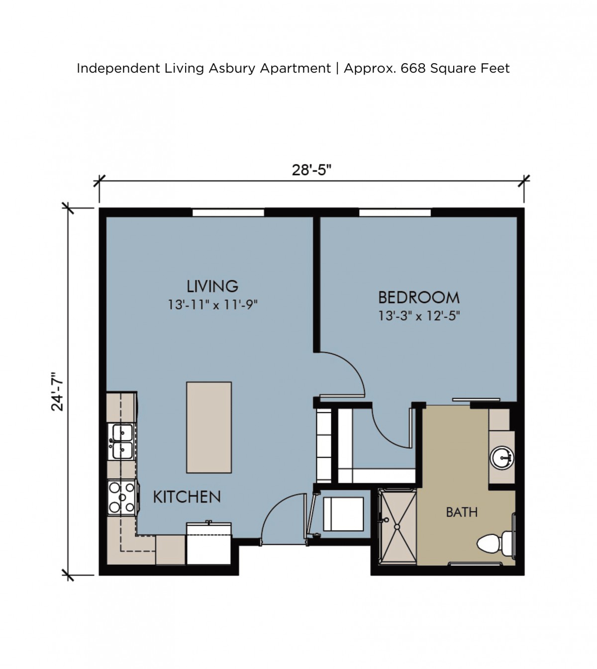 Floor plan of a 1-bedroom independent living apartment.