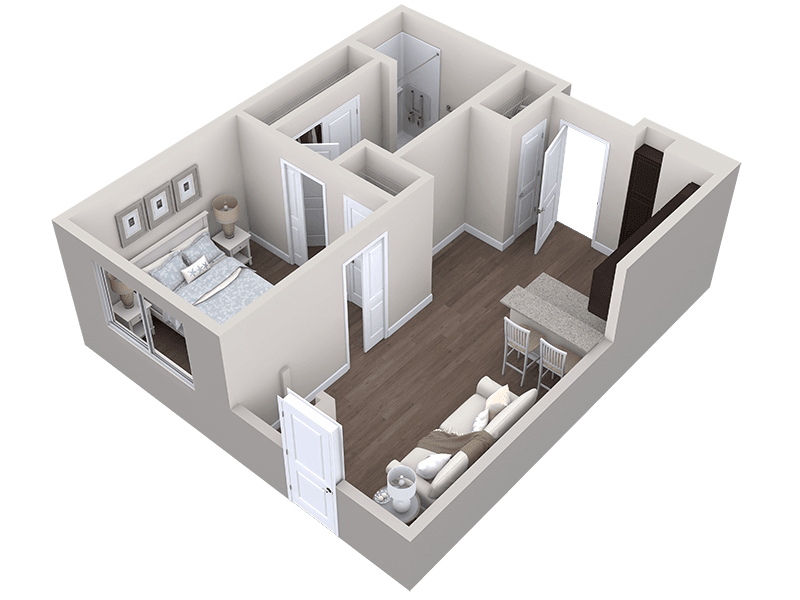 3D rendering of a one-bedroom apartment floor plan with living room, kitchen, and bathroom.